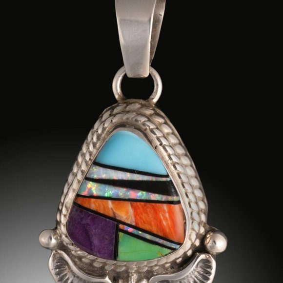 Navajo Multi Stone Pendant with Turquoise, onyx, cultured opal, spiney oyster...